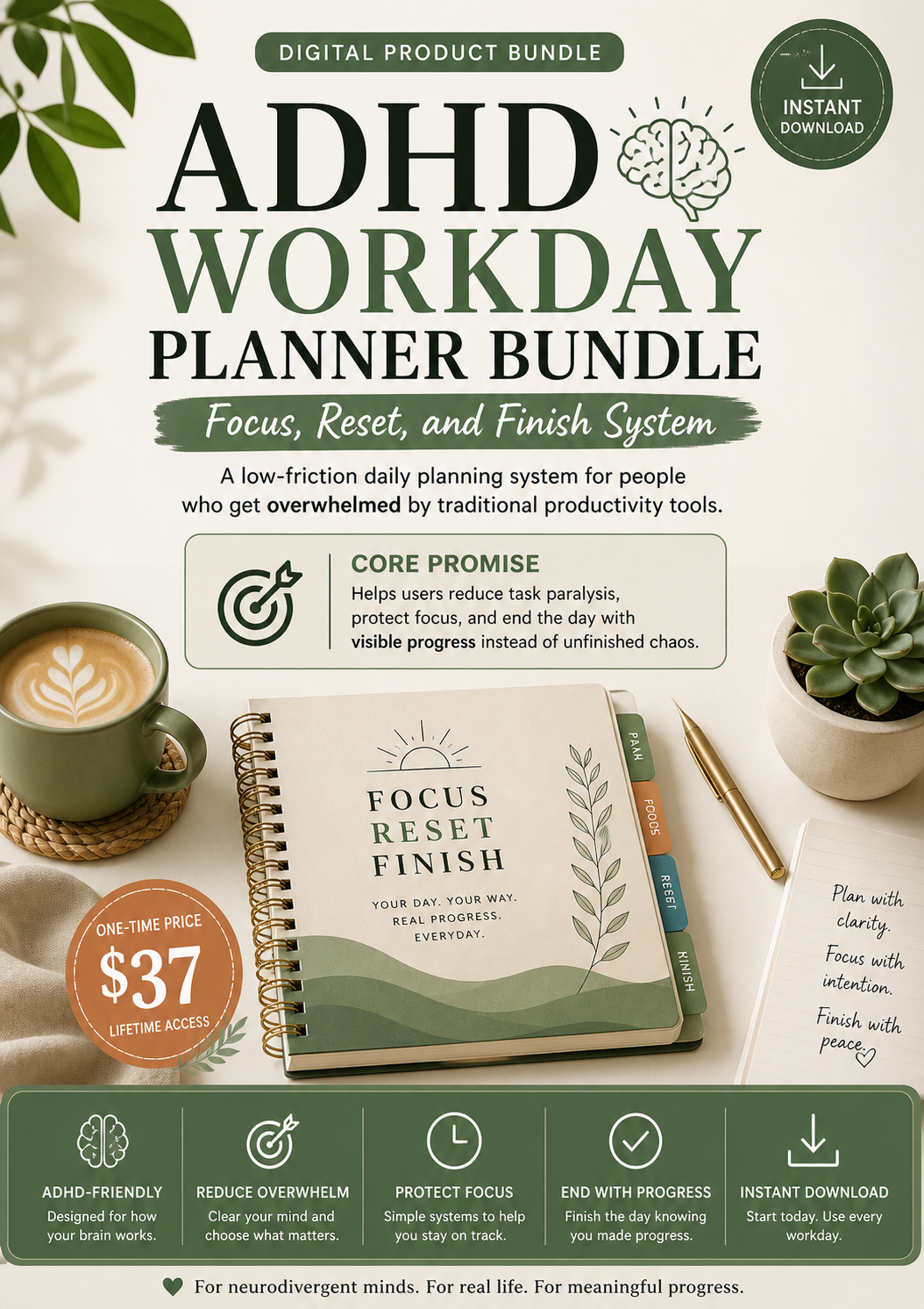 ADHD Workday Planner Bundle — Focus, Reset & Finish System